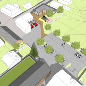 Celý zámer transformácie centra Devína. Potraviny sú dole v strede, zdravotné stredisko hore v strede. Zdroj: Patrik Tkáč via Bratislavské noviny