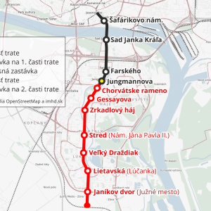 Znázornenie trasy električky so zastávkami. Zdroj: iMHD.sk