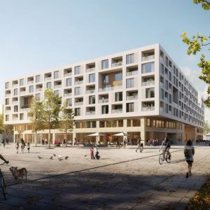 Hybridná škola vo Frankfurte, pohľad z nového námestia. Zdroj: Ackermann + Raff